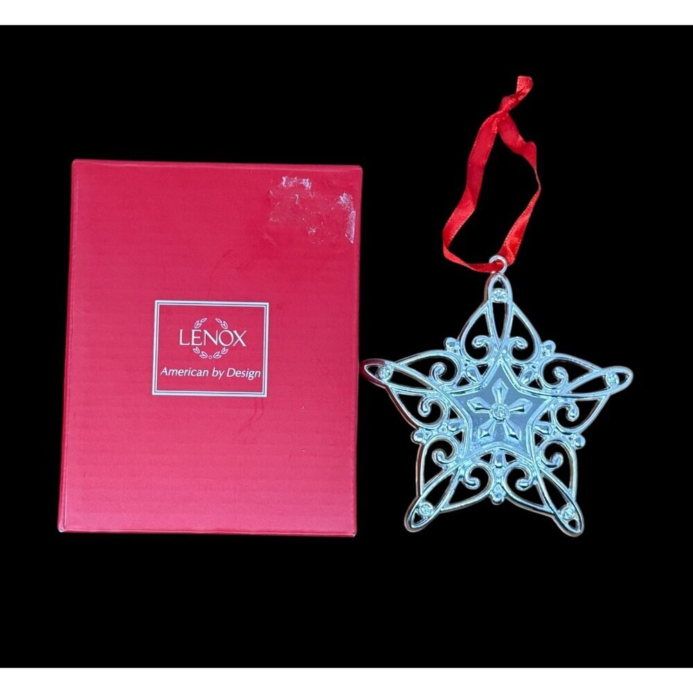 Lenox Sparkle Silver-Plated Star Snowflake Ornament Clear Crystals Red Ribbon
